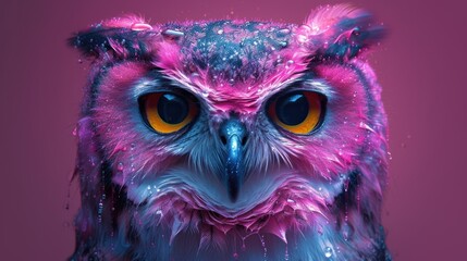 a close - up of an owl's face with a pink background and a blue and purple owl's head.