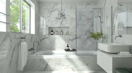 Elegant Bathroom with Marble Bathtub and Glass Shower Door