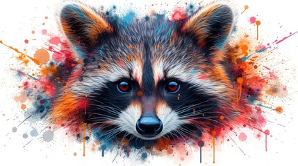 a close up of a raccoon's face with paint splatters on it's face.