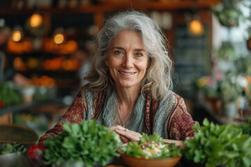 Mature woman in the kitchen against a background of vegetables and herbs
