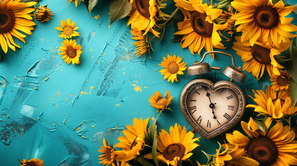 vintage alarm clock as heart shape  fresh sunflowers