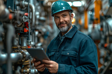 Smiling technician holding tablet PC analyzing machine in industry.