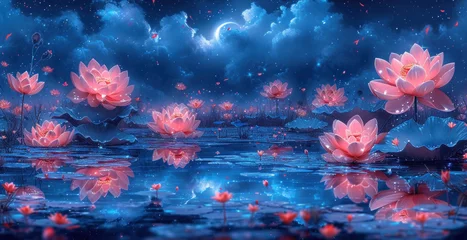 Foto op Canvas a painting of pink water lilies floating in a pond with a full moon in the sky in the background. © Shanti