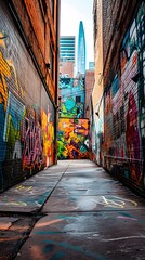 Obraz premium a narrow alley with graffiti all over the walls