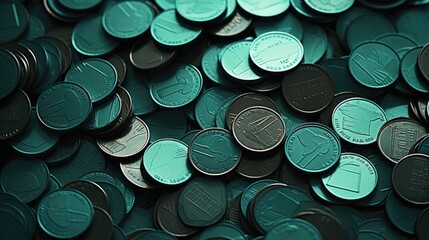 Background with coins is Teal color - obrazy, fototapety, plakaty