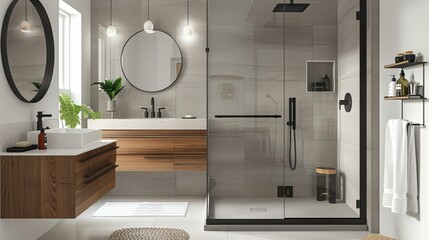 Sleek and Minimalist Bathroom with Black Frameless Shower Door AI Generated.
