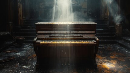 old piano in a dark room with a spotlight shinning on the piano 