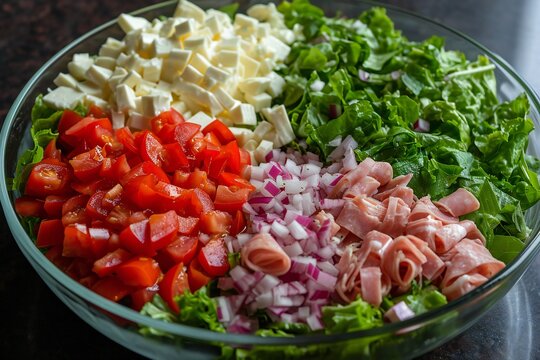 Salad on a glass plate. Sliced vegetables for vegan dish