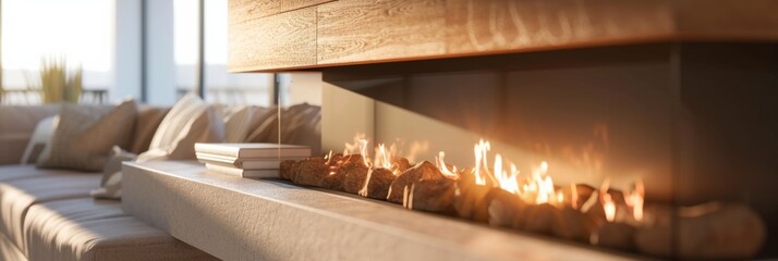 Close up, interior modern luxury fireplace