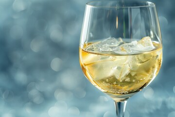 Refreshing Glass of White Wine With Ice Cubes