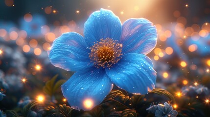 a blue flower sitting in the middle of a field of blue flowers with a yellow center surrounded by blue and white flowers.