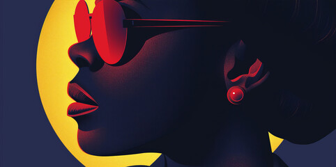 Retro close-up illustration of a portrait of a young stylish African or African American woman wearing sunglasses in neon color in halftones