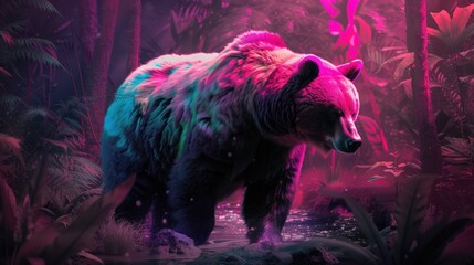 a painting of a bear walking through a forest filled with plants and trees, with a pink and blue hued background.