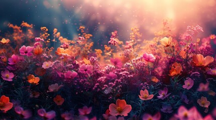 a field filled with lots of purple and orange flowers next to a forest filled with lots of pink and orange flowers. - obrazy, fototapety, plakaty