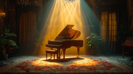 old piano in a dark room with a spotlight shinning on the piano  - obrazy, fototapety, plakaty