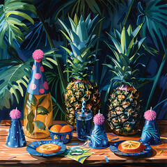 Tropical Paradise Still Life with Pineapples and Vibrant Table Setting
