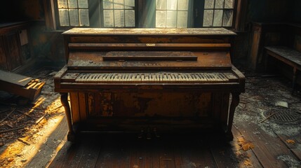 Fototapeta na wymiar old piano in a dark room with a spotlight shinning on the piano 