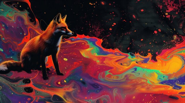 a painting of a fox standing in front of a multicolored liquid stream of paint on a black background.