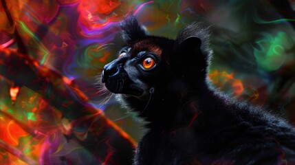 a close up of a black animal with orange eyes and a blurry background of red, green, yellow, and blue.