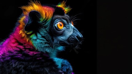 a close up of a multicolored animal on a black background with a black background and a black background.