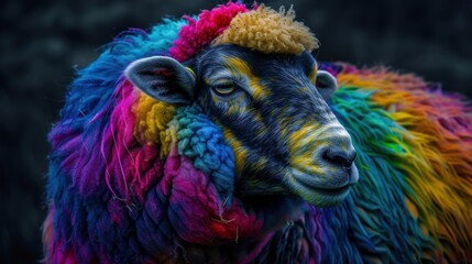 a close up of a sheep with a multi - colored coat of paint on it's face and head.