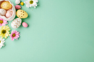 Hues of joy: an Easter palette of blooms and eggs. Top view shot of Easter eggs nestled among...