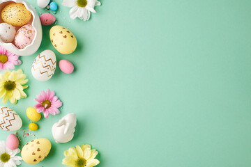 Easter corner: a fresh perspective on springtime joy. Top view shot of Easter eggs, porcelain...