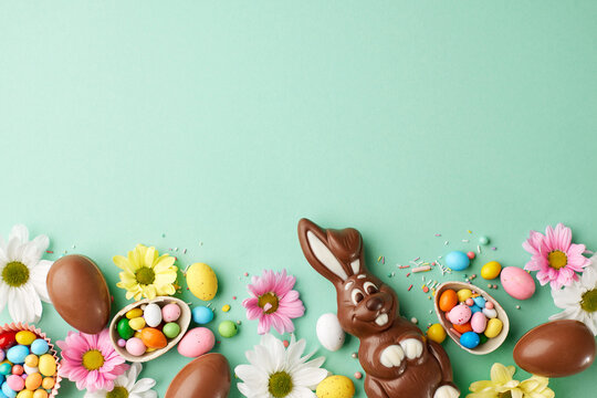 Chocolate bunny bliss: a sweet addition to Easter festivities. Top view of chocolate bunny, candy eggs in egg cups, chrysanthemums on teal background with space for cheerful Easter advert