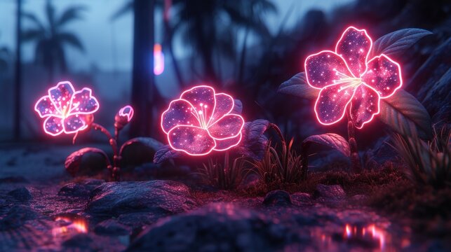 a bunch of flowers that are glowing in the light of some kind of light that is on top of some rocks.