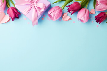 Sweet gestures: picking the perfect gift for her smile. Top view shot of gift box, delicate pink tulips, paper hearts on pastel blue background with space for messages or advertising