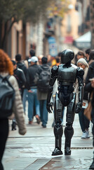 Robot on the streets of a big city among people. Artificial intelligence in modern lifestyle.