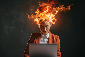 Portrait of a young businessman with a laptop and a burning head. The concept of bran activity