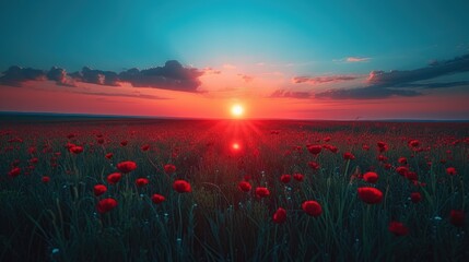 a field full of red flowers with the sun setting in the middle of the sky in the middle of the day. - obrazy, fototapety, plakaty