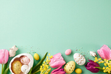 Easter harmony: pastel and bloom. Top view shot of charming Easter, porcelain bunnies, eggs resting...