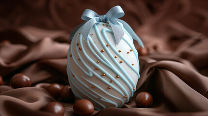 Un bel oeuf de Pâques en chocolat décoré de blanc et de traînées de sucre bleu clair sur fond marron chocolat, dégustation d'un met traditionnel