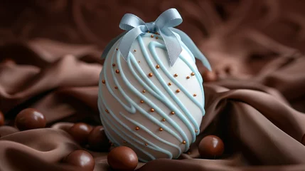 Fotobehang Un bel oeuf de Pâques en chocolat décoré de blanc et de traînées de sucre bleu clair sur fond marron chocolat, dégustation d'un met traditionnel © Leopoldine