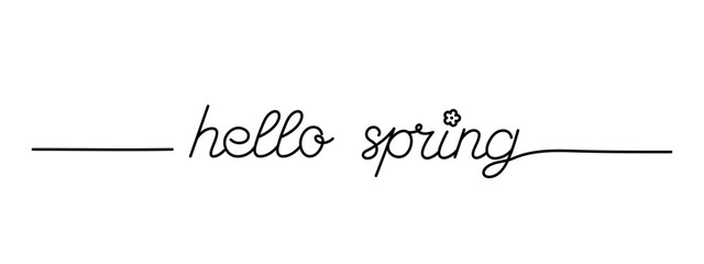 Hello Spring phrase continuous line drawing, black line vector illustration, editable stroke, horizontal design element
