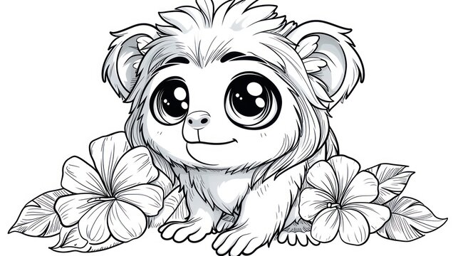 a cute little monkey with big eyes sitting on the ground with flowers and leaves around its neck, black and white drawing, isolated on a white background.