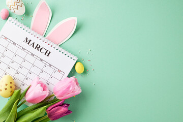 Easter moments: March into spring. Top view of pink and purple tulips, a March calendar, bunny...