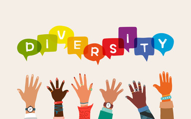 Diversity people hands with speech bubbles. Vector illustration
