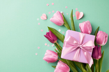 Affectionate treasures: soft-hued gifts to honor her day. Top view shot of fresh pink tulips,...