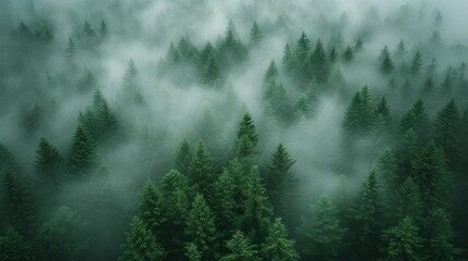 a forest filled with lots of green trees covered in a layer of fog in the middle of a forest filled with lots of green trees covered in fog.