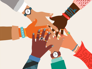 Group of people hands together. Vector illustration in flat cartoon style