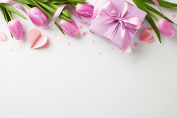 Lovingly picked: subtle treasures for her celebration. Top view of pink tulips, a purple gift box, heart-shaped decorations on white backdrop, perfect for showcasing affectionate gift options