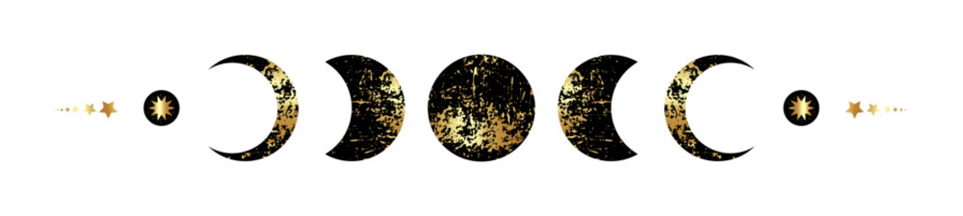 Moon Phases border frame in black and gold foil texture, wicca banner sign. Golden Triple moon pagan Wiccan goddess symbol, Sacred geometry, wheel of the year, vector isolated on white background 