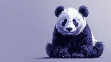 a black and white panda bear sitting on the ground with it's head turned to the side and it's eyes closed.