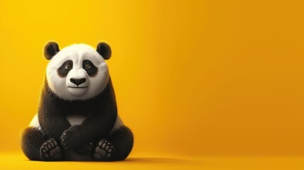 a black and white panda bear sitting on top of a yellow background with his legs crossed and his head turned to the side.