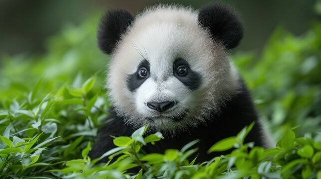 a black and white panda bear sitting on top of a lush green grass covered forest covered in lots of leaves.