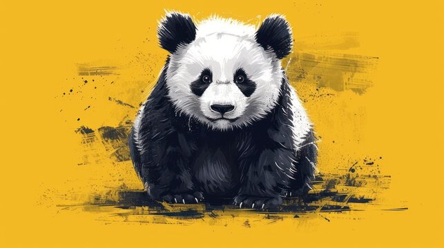 a black and white panda bear sitting in front of a yellow background with a splash of paint on it's face.