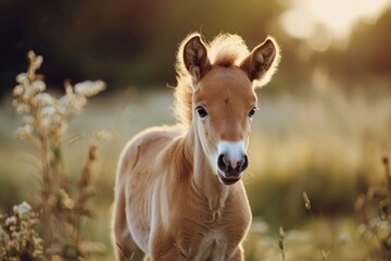 Small Horse Standing in Field of Tall Grass - obrazy, fototapety, plakaty